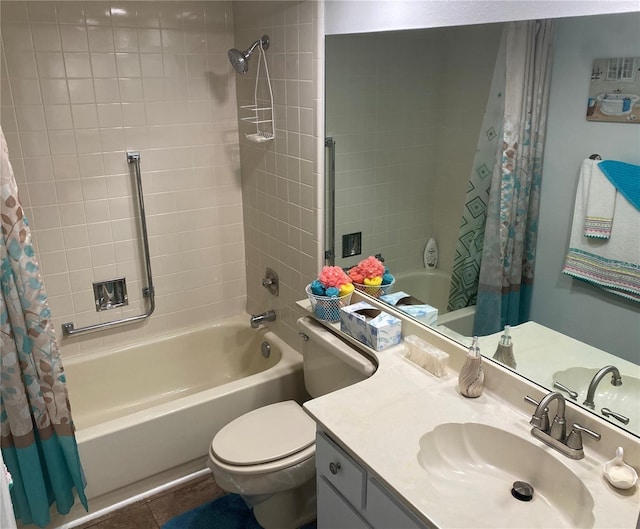 full bathroom with vanity, tile patterned floors, toilet, and shower / bathtub combination with curtain