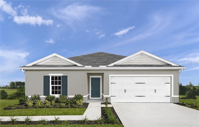 single story home featuring a front lawn and a garage