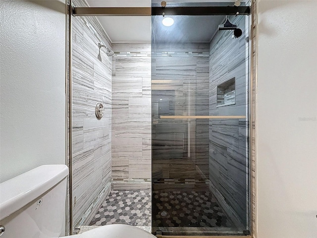 full bathroom featuring a stall shower and toilet