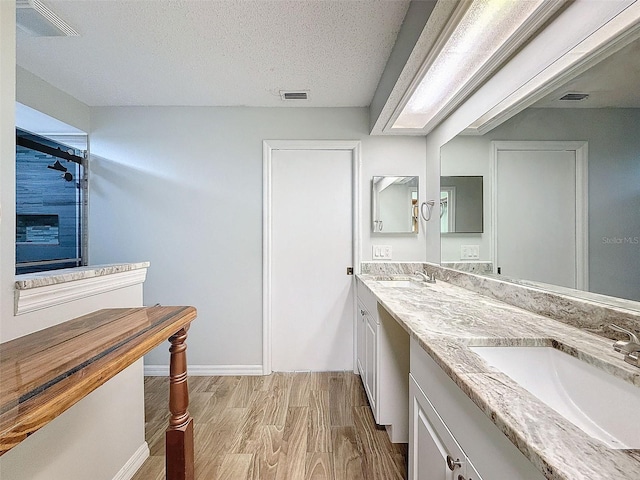 bathroom with double vanity, visible vents, wood finished floors, a textured ceiling, and a sink