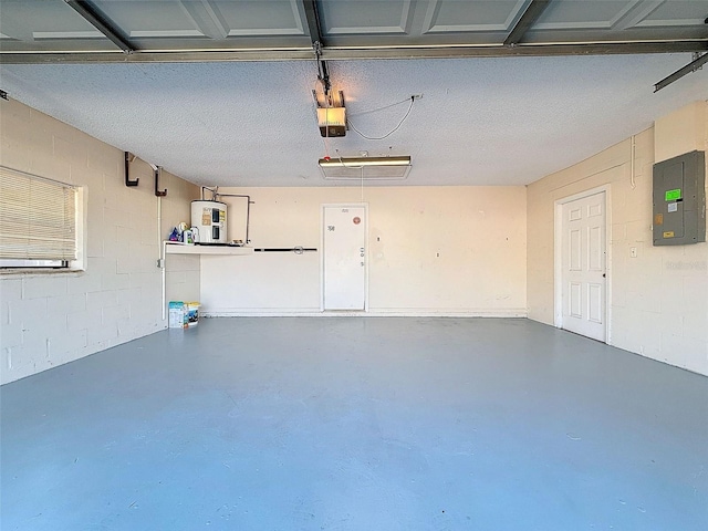 garage featuring electric panel, concrete block wall, electric water heater, and a garage door opener