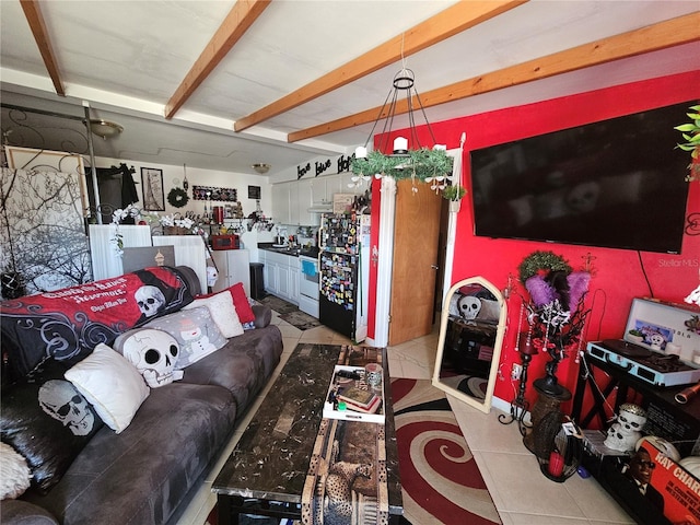 tiled living room featuring beam ceiling