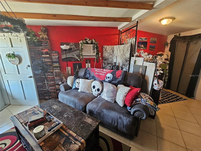 living room with tile patterned floors and beam ceiling