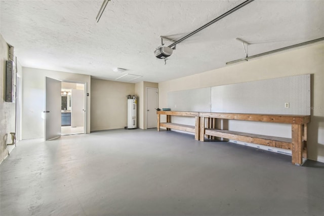 garage with water heater, a garage door opener, and electric panel