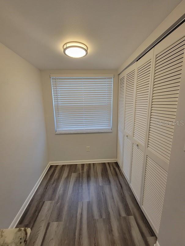 unfurnished bedroom with dark wood-type flooring and a closet