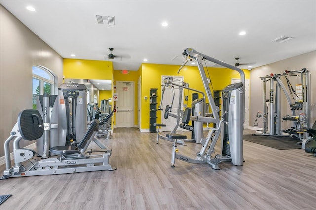 exercise room featuring ceiling fan and light hardwood / wood-style flooring