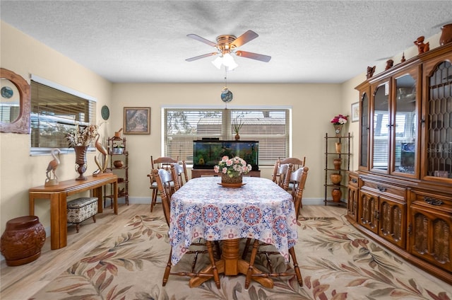 dining space featuring ceiling fan, light hardwood / wood-style floors, and a textured ceiling