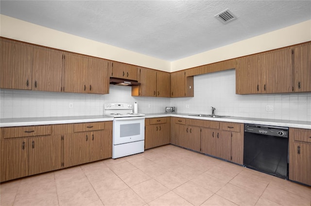 kitchen featuring sink, a textured ceiling, electric range, dishwasher, and decorative backsplash