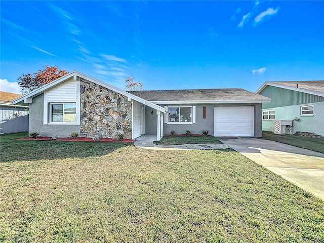 ranch-style home with a garage and a front yard