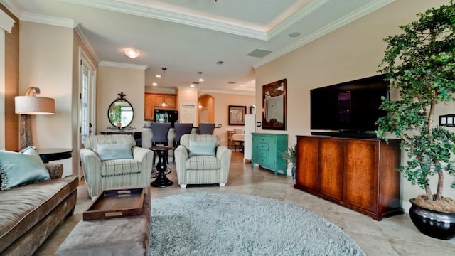 living room with crown molding and light tile patterned floors