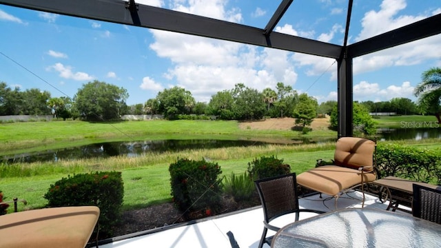 view of patio featuring a water view