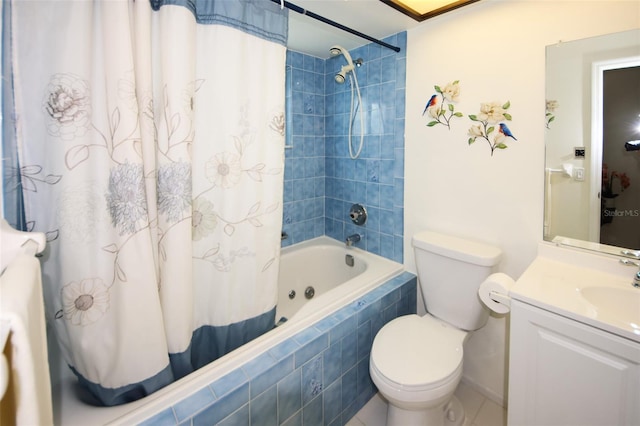 full bathroom with toilet, shower / tub combo with curtain, and vanity