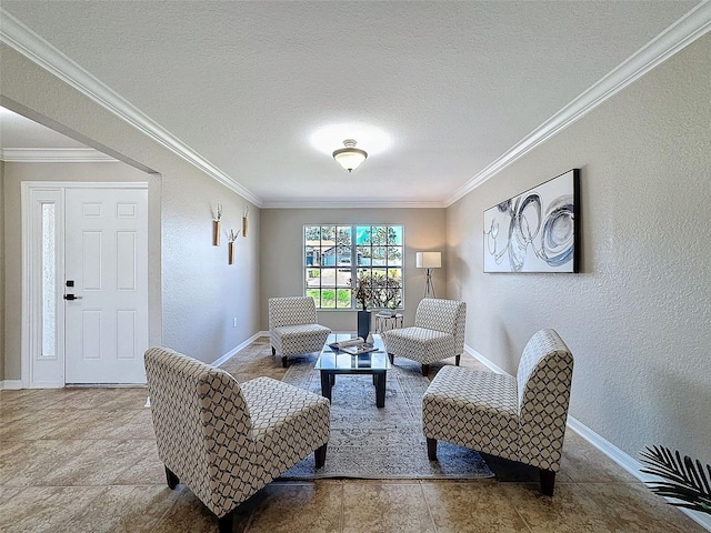 living room with crown molding and a textured ceiling