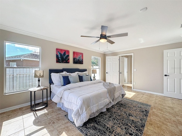 bedroom with ceiling fan, light tile patterned floors, and crown molding