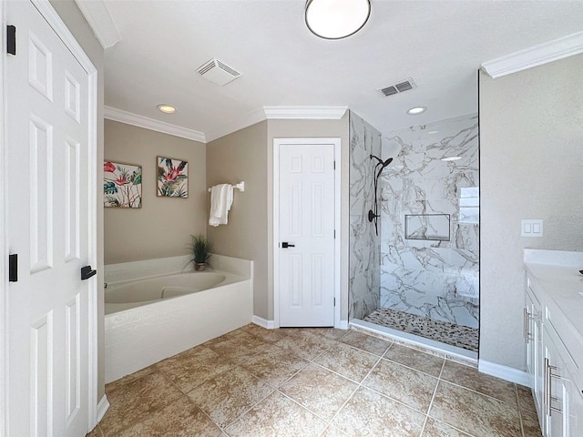 bathroom with vanity, plus walk in shower, and crown molding