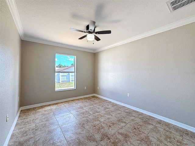 empty room with a textured ceiling, ornamental molding, and ceiling fan