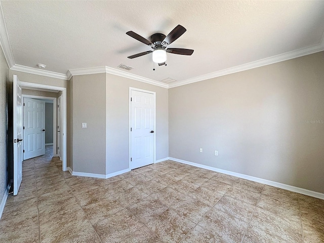 unfurnished bedroom featuring ceiling fan, crown molding, and a textured ceiling