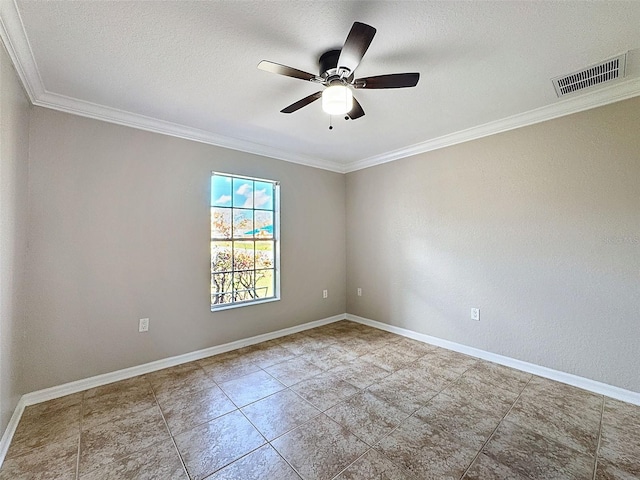 empty room with ceiling fan, ornamental molding, and a textured ceiling