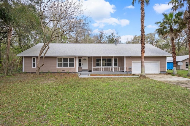 single story home with a porch, a front lawn, driveway, and an attached garage