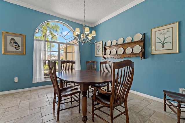 dining area with baseboards, a textured ceiling, a notable chandelier, and stone tile floors