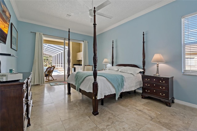 bedroom with visible vents, baseboards, ornamental molding, access to exterior, and a textured ceiling