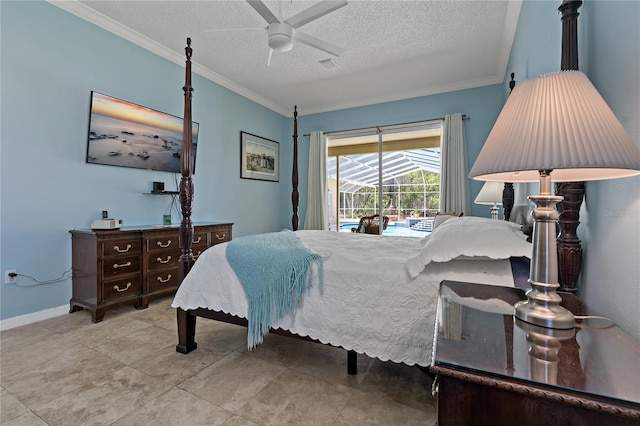 bedroom with baseboards, ceiling fan, ornamental molding, access to exterior, and a textured ceiling