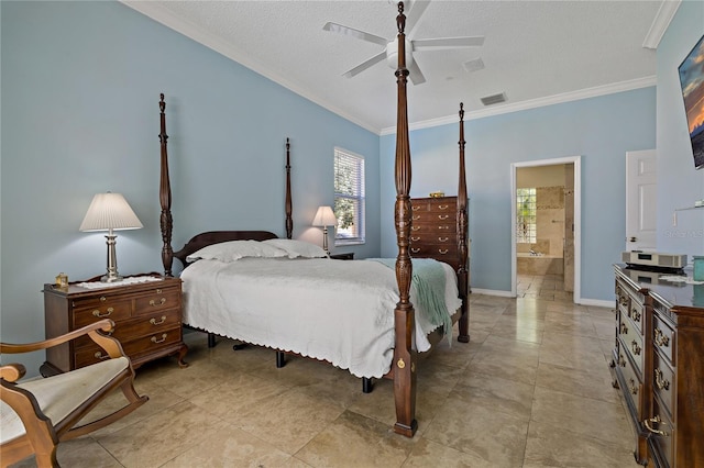 bedroom with a textured ceiling, baseboards, crown molding, and ensuite bathroom