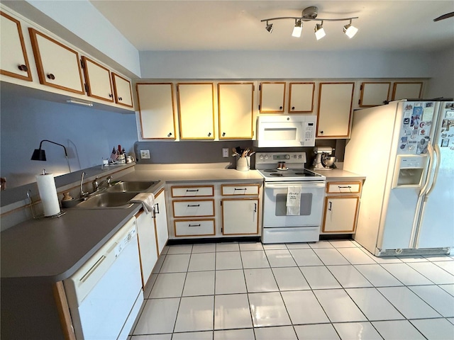 kitchen featuring ceiling fan, sink, white appliances, and light tile patterned floors