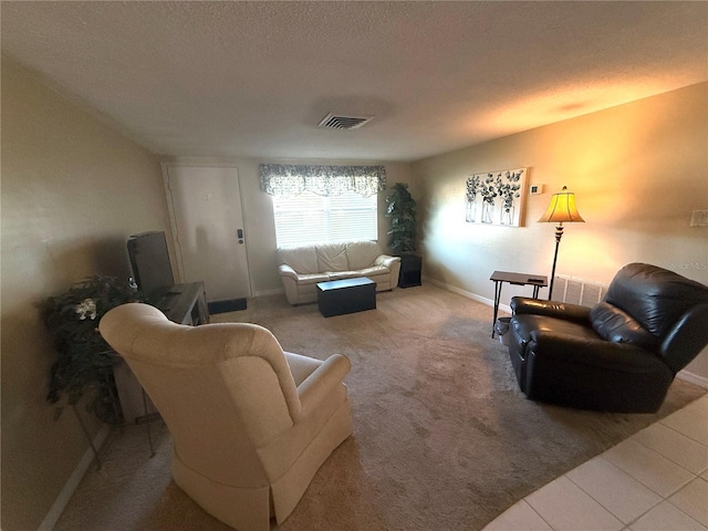 living room with carpet flooring and a textured ceiling