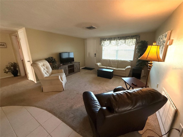 living room featuring a textured ceiling, light carpet, and radiator heating unit