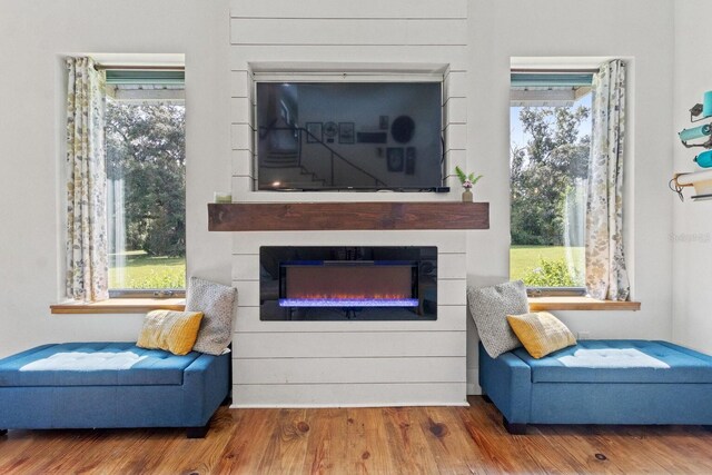 living area with wood finished floors and a glass covered fireplace