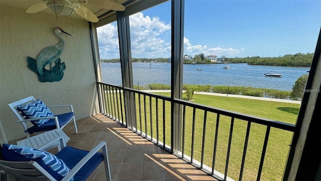 balcony featuring ceiling fan and a water view