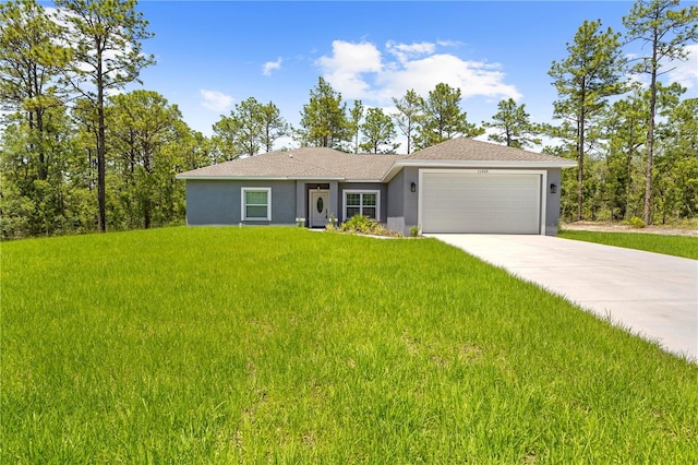 11345 Thrasher Ave, Weeki Wachee, FL 34614 - ranch-style house featuring stucco siding, a garage, a front yard, and concrete driveway