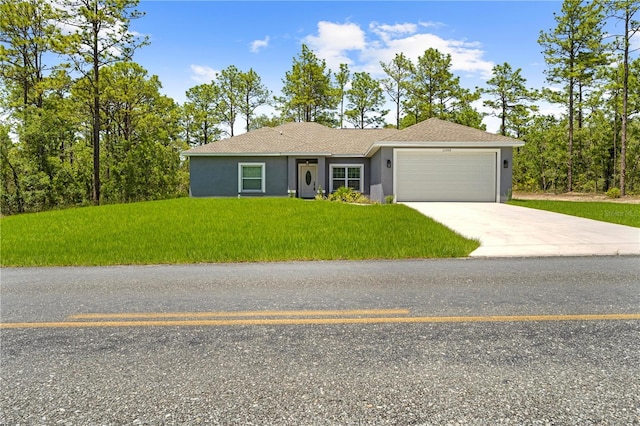 11345 Thrasher Ave, Weeki Wachee, FL 34614 - view of front facade with stucco siding, a garage, a front yard, and concrete driveway