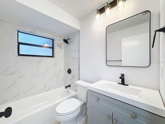 full bathroom featuring toilet, tiled shower / bath combo, vanity, and a textured ceiling