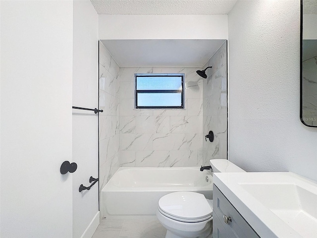 full bathroom with tiled shower / bath combo, vanity, toilet, and a textured ceiling