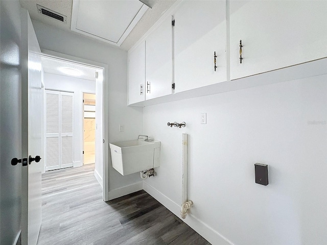 clothes washing area with cabinets, hardwood / wood-style flooring, and sink