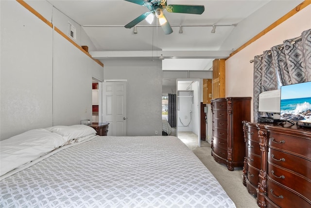 bedroom featuring light carpet and ceiling fan