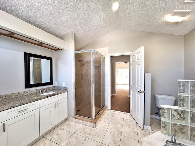 full bathroom with lofted ceiling, toilet, a stall shower, a textured ceiling, and vanity