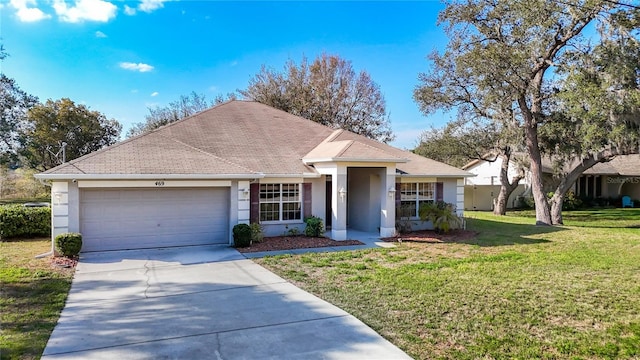 ranch-style house with a garage and a front lawn