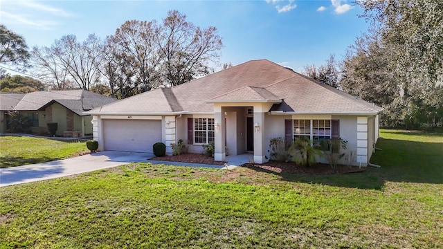 ranch-style house with a front yard and a garage