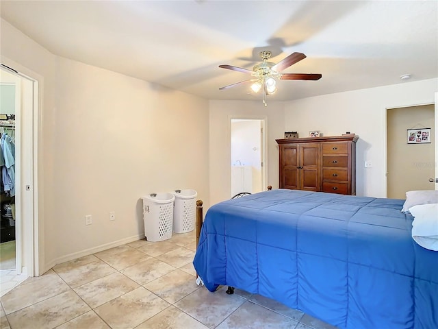 bedroom featuring ceiling fan and light tile patterned flooring