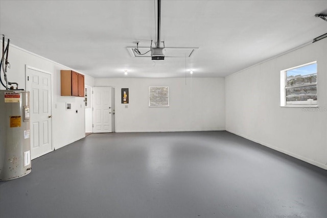 garage featuring electric panel, a garage door opener, and water heater