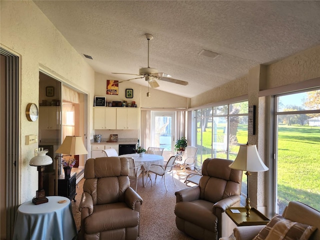 living room featuring vaulted ceiling, a textured wall, and a textured ceiling