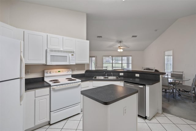 kitchen featuring a peninsula, white appliances, dark countertops, and a sink