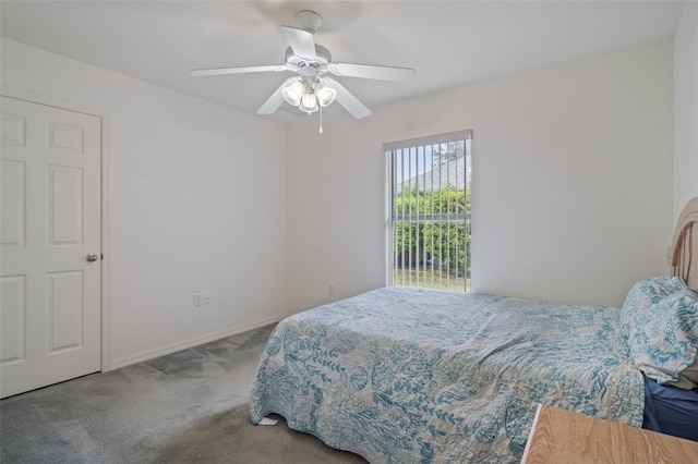 bedroom featuring carpet flooring, ceiling fan, and baseboards