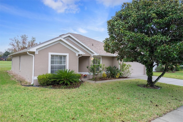 ranch-style home with an attached garage, concrete driveway, roof with shingles, stucco siding, and a front lawn