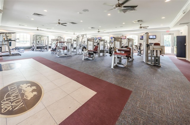 5903 War Admiral Dr, Wesley Chapel, FL 33544 - gym featuring carpet flooring, a ceiling fan, plenty of natural light, recessed lighting, and tile patterned flooring