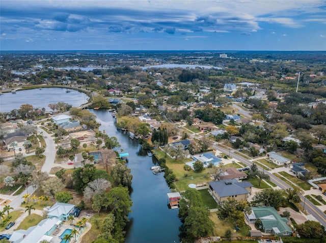 aerial view with a water view and a residential view