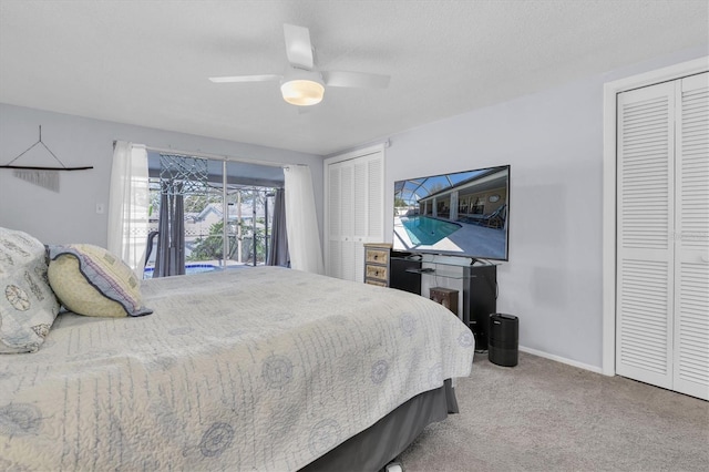 bedroom with light carpet, baseboards, a ceiling fan, access to outside, and a textured ceiling